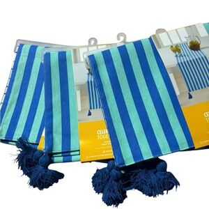 (3) Nautical Coastal Fisherman Blue Stripe Reversible Table Runner 100% Cotton